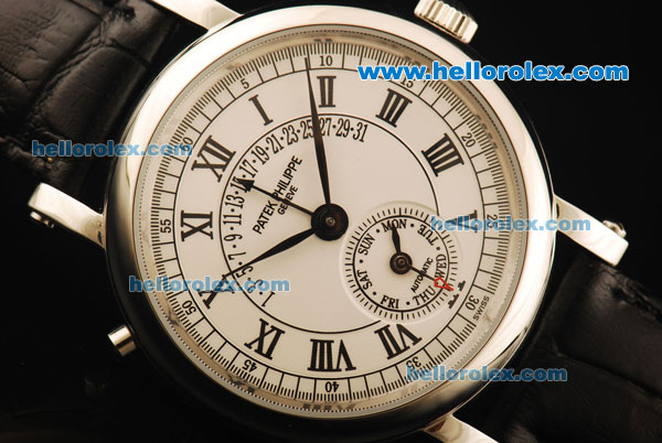 Patek Philippe Automatic Movement Steel Case with White Dial Black Roman Numerals-Black Leather Strap - Click Image to Close